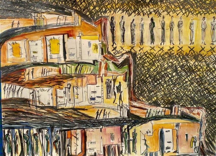Abstract painting of crowded buildings and people.