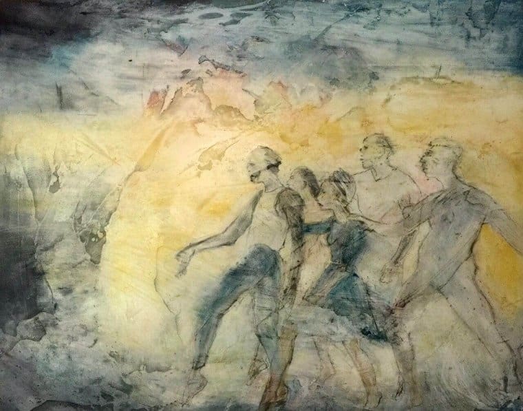 Abstract painting of figures in motion.