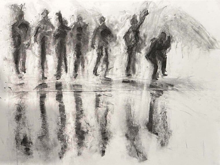 Charcoal sketch of figures and reflections.